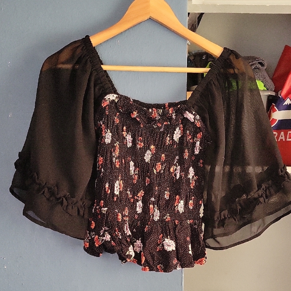 Angie Red Black Puff Sleeve Smocked Blouse